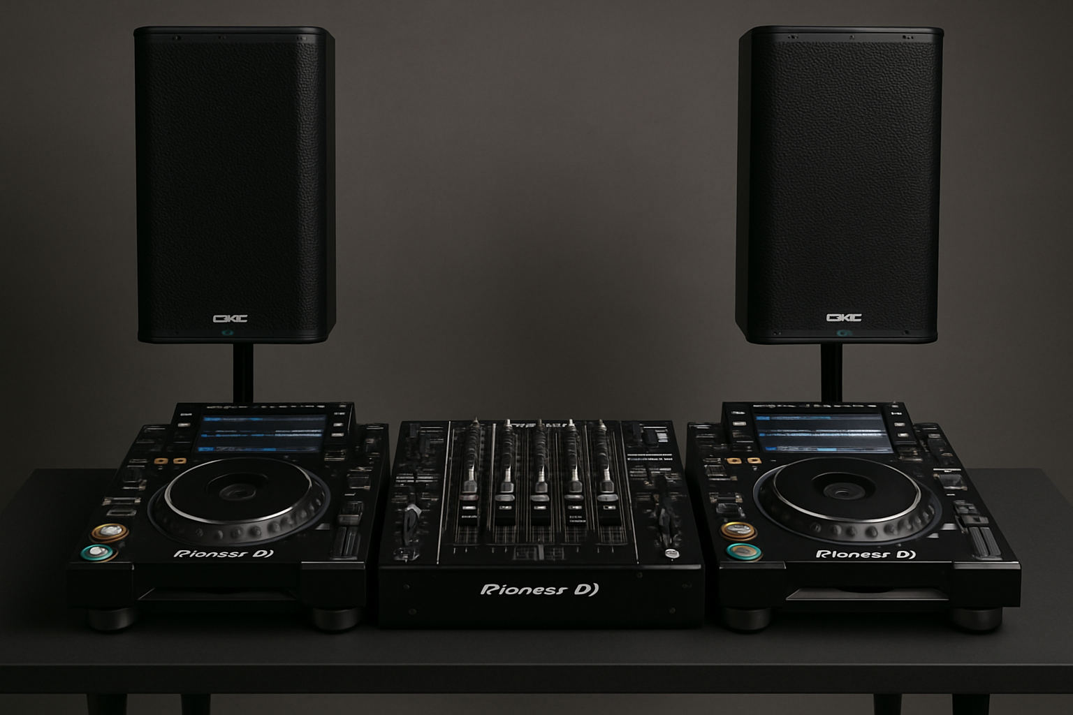 Premium Pioneer DJ setup with twin CDJ-3000 players, DJM-A9 mixer, and QSC speakers in a clean studio setting