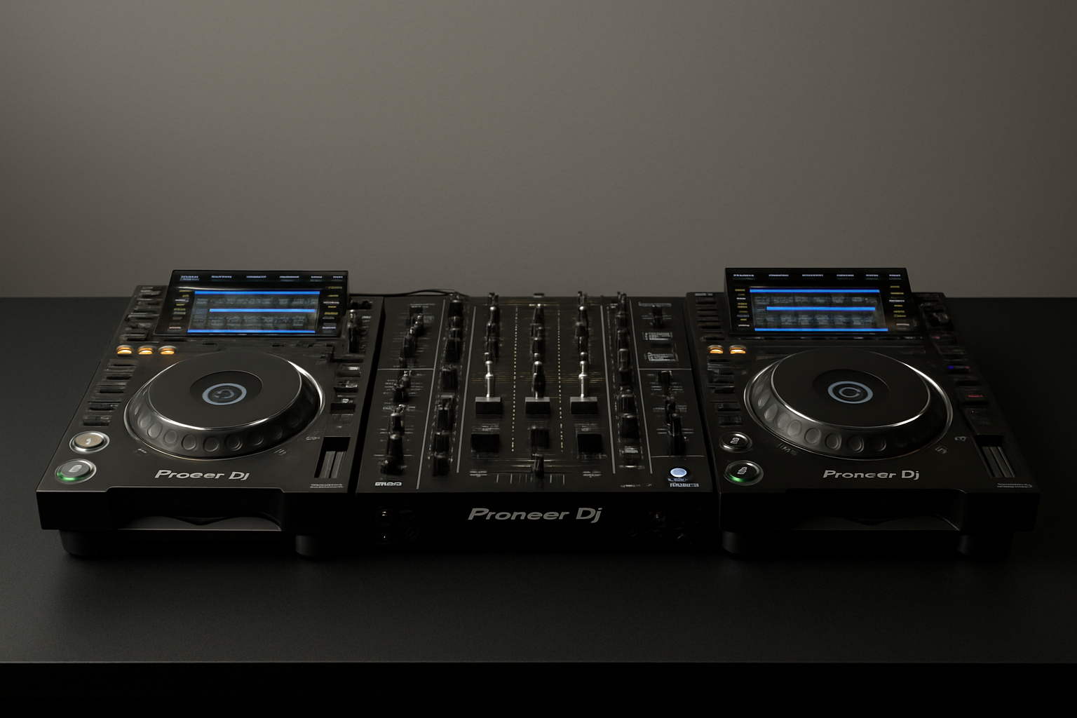 Pioneer CDJ-3000 players with a DJM-A9 mixer on a clean black booth surface