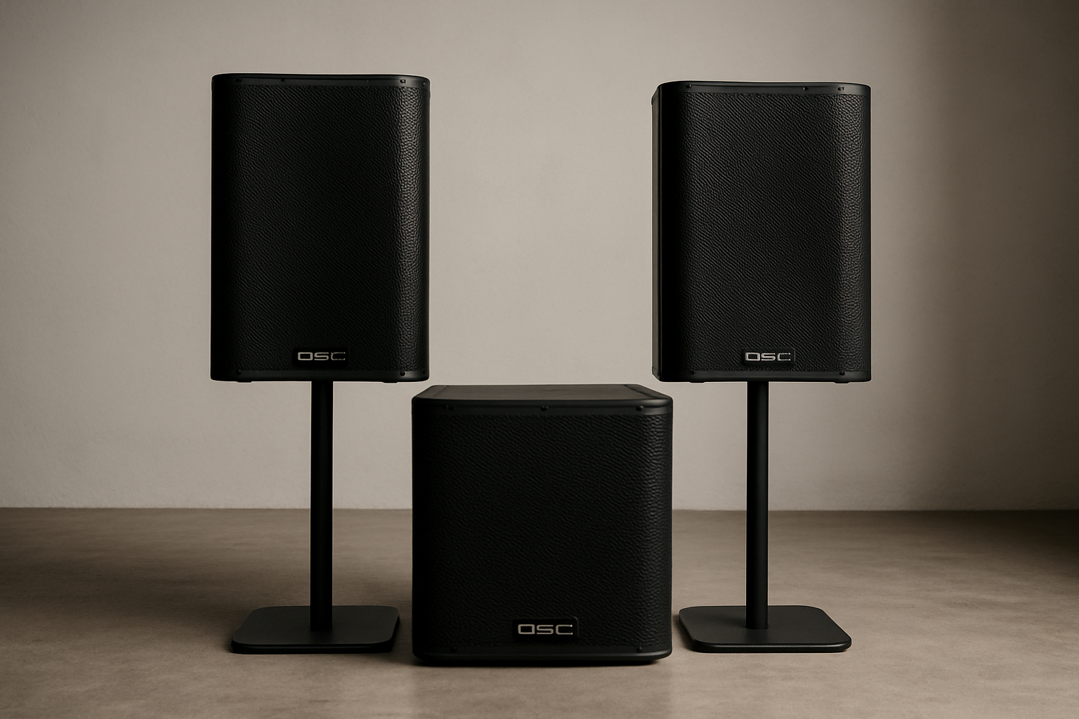 Pair of black QSC K12.2 speakers with a compact subwoofer in a minimal studio space