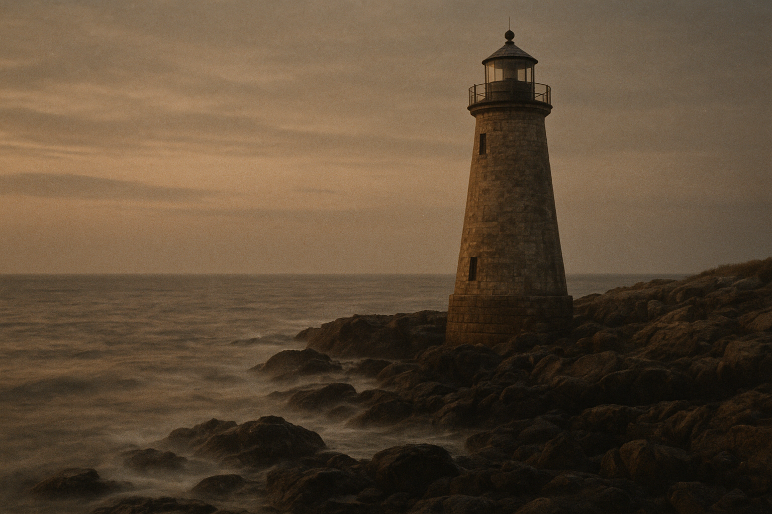 Archival-style shoreline photograph of a weathered lighthouse above dark coastal rocks at dusk