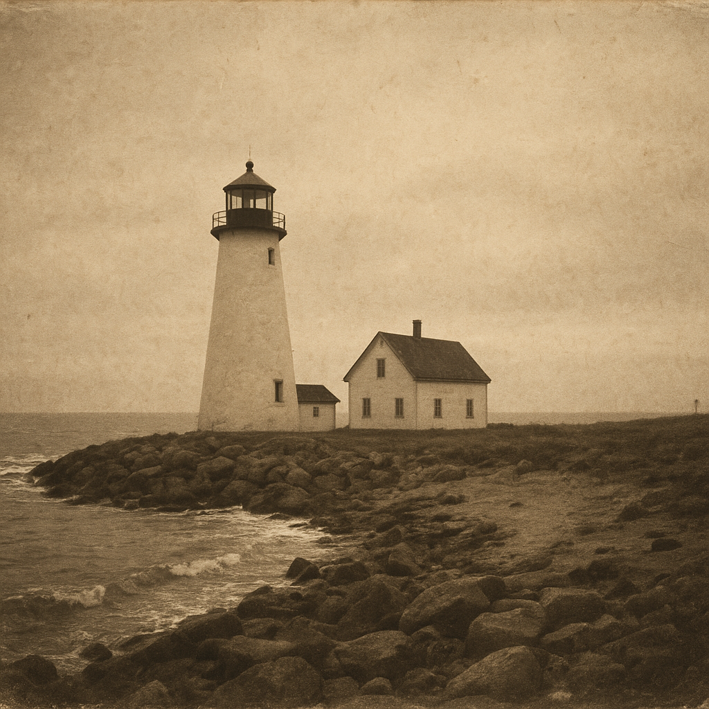 Sepia archival lighthouse photograph with worn paper edges and gentle grain