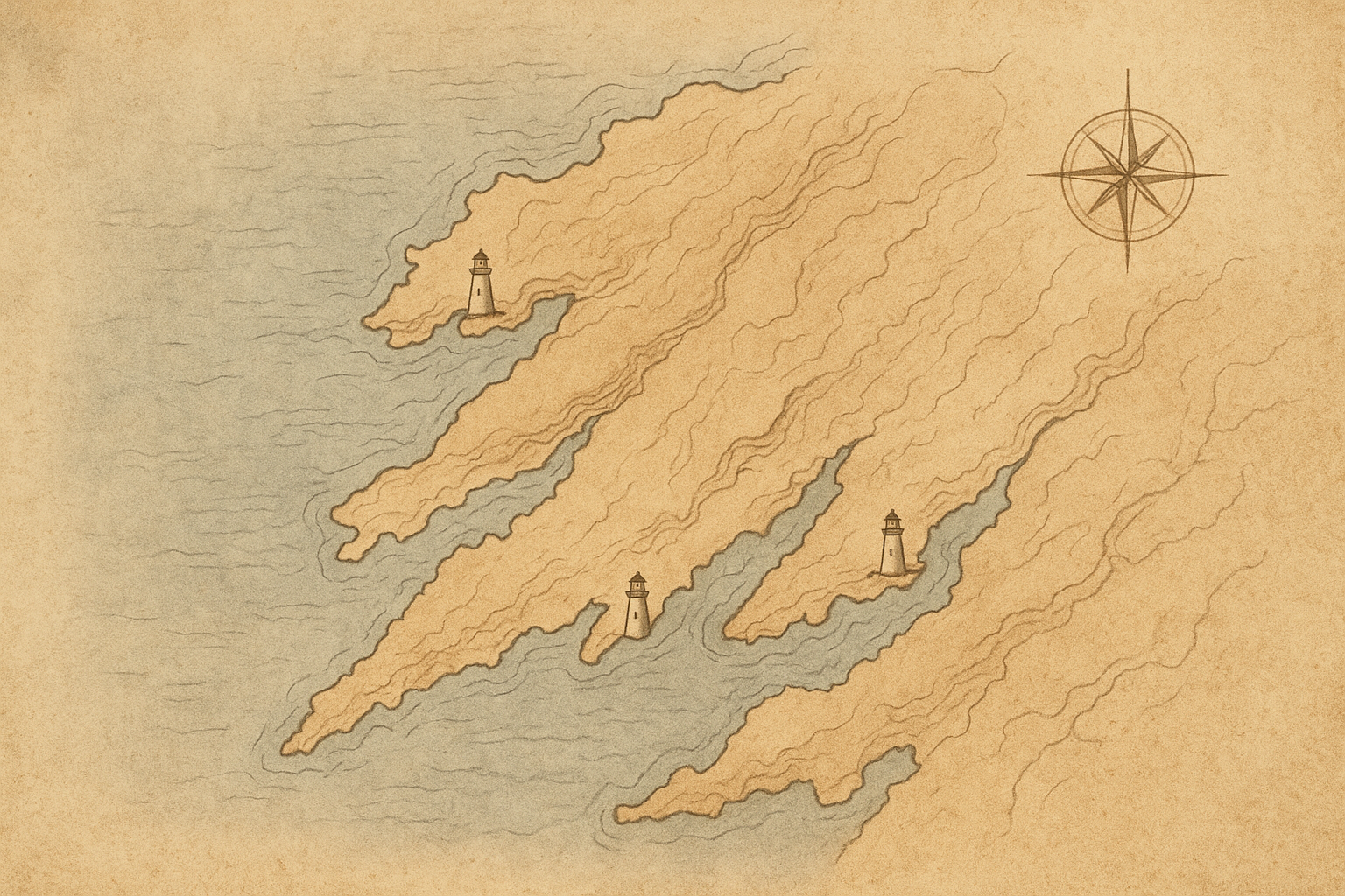 Textured archival-style map detail of a northern coastline with lighthouse markers, contour lines, and weathered paper tones