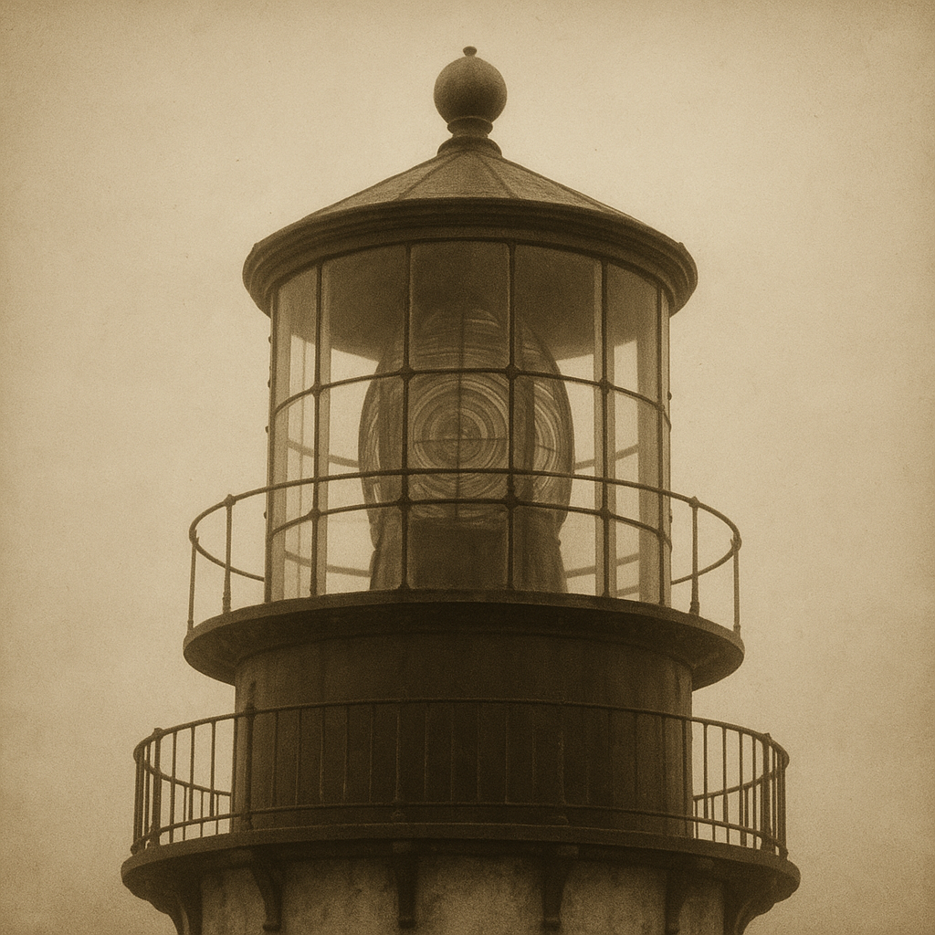 Sepia-toned close crop of a lighthouse lantern room framed like an archival film still