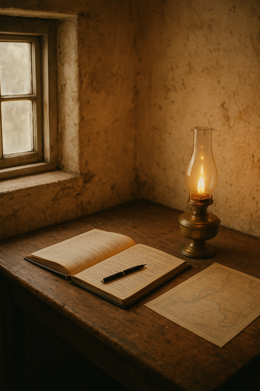 Period keeper workspace with a worn wooden desk, brass lamp, open logbook, and weathered interior details