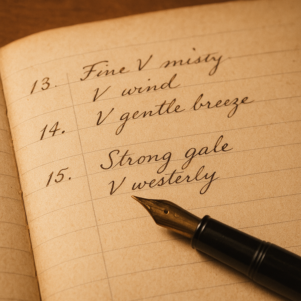 Handwritten keeper logbook page with fountain pen and tide notes