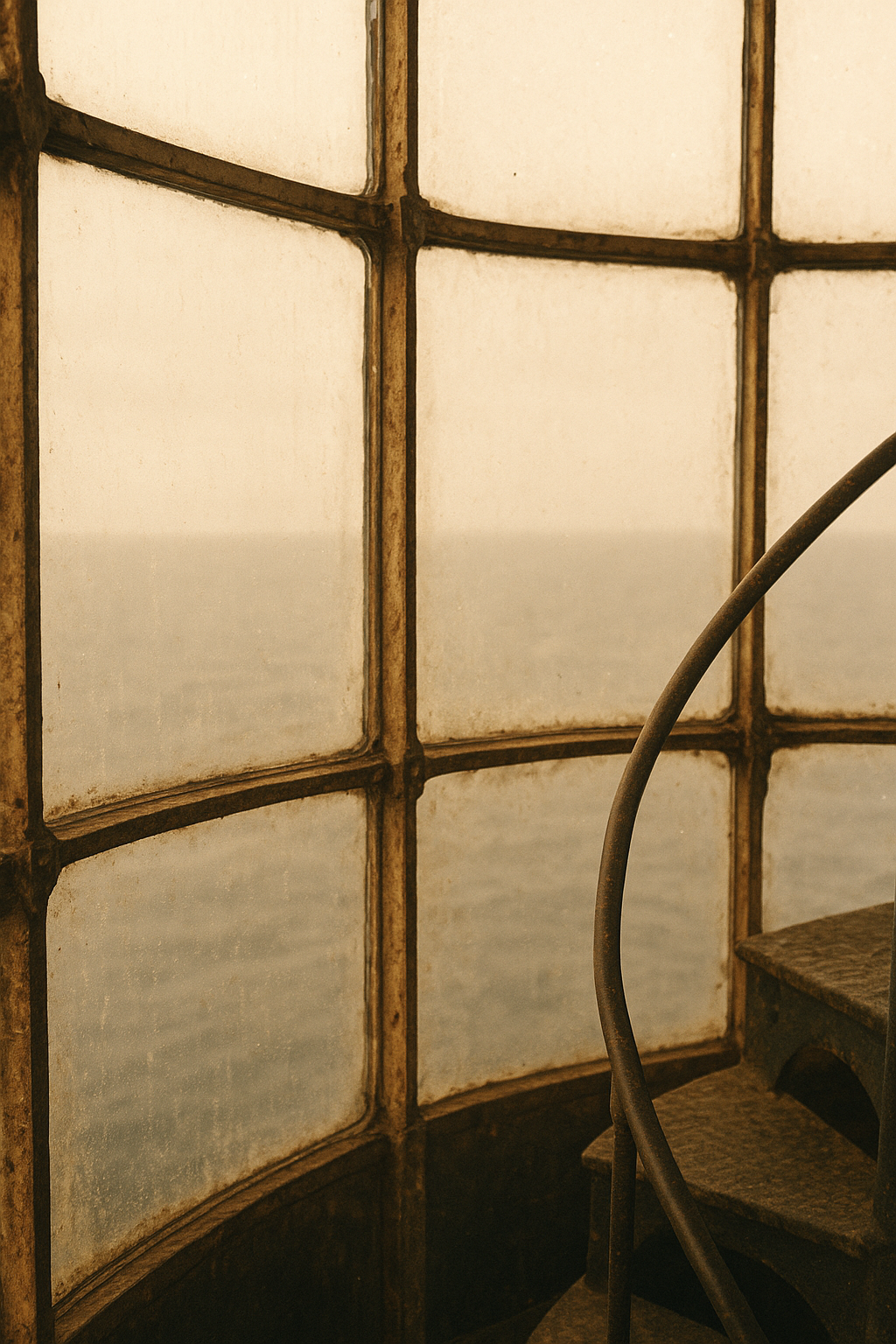 Archival-style close view of a weathered lighthouse lantern room with riveted metal framing, salt-worn glass panes, and soft film-like grain