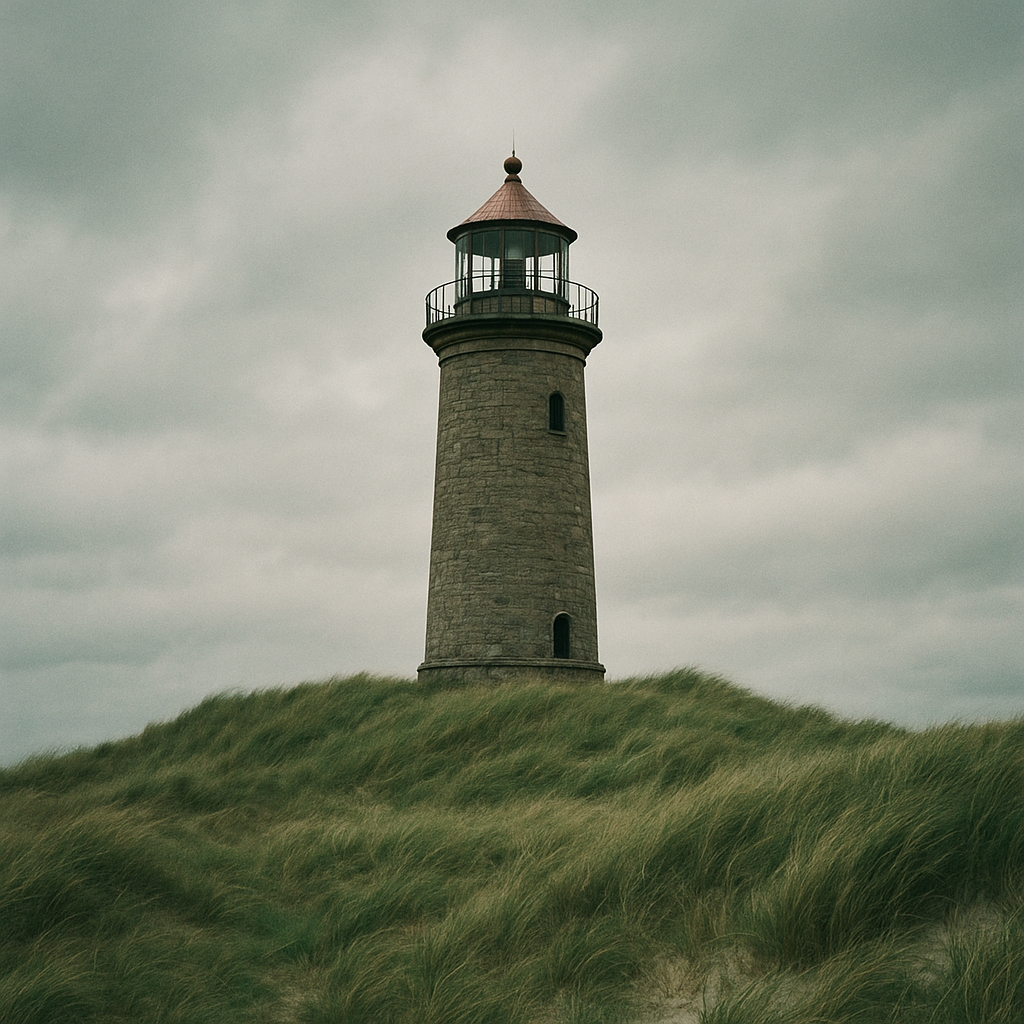 Coastal stone lighthouse tower beside grass dunes under overcast light