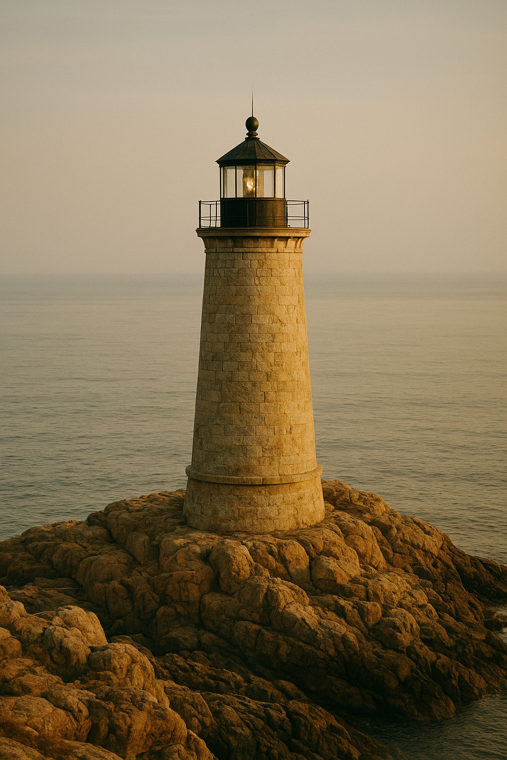 Preserved coastal lighthouse tower standing above a rocky shoreline at golden hour