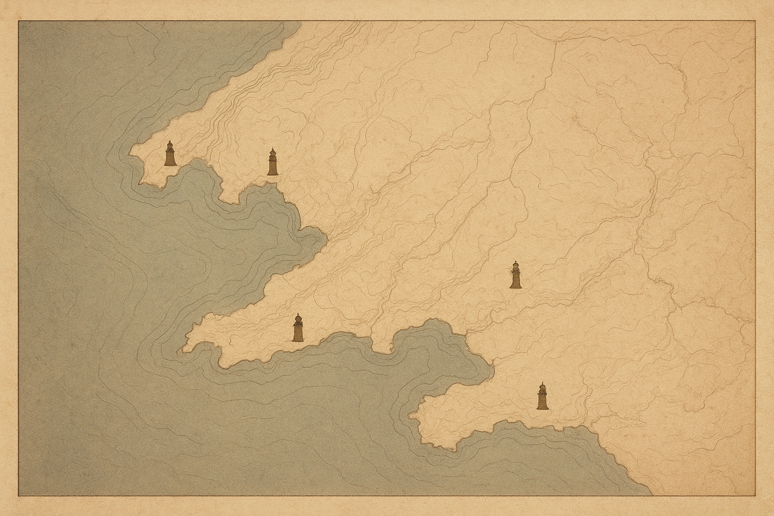 Archival shoreline map showing preserved northern coast lighthouse towers