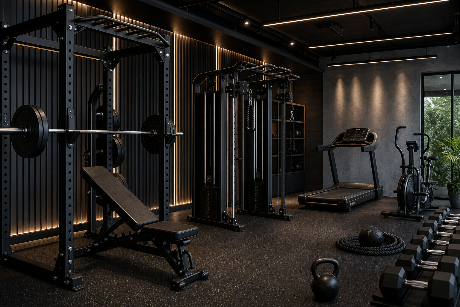 Premium strength and cardio gym equipment arranged in a high-performance training environment with dramatic athletic lighting