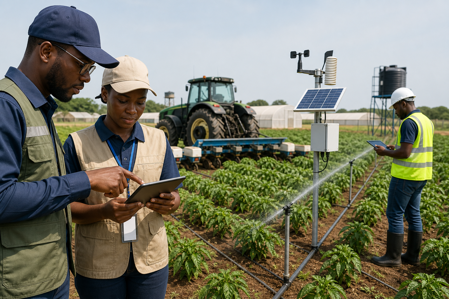 Modern agri-tech field team using smart irrigation controls, precision machinery, and tablet-based monitoring in a professional farm environment