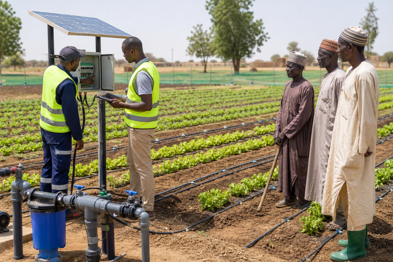 Modern drip irrigation setup in a cultivated field with technicians and local farmers reviewing equipment in Kano State