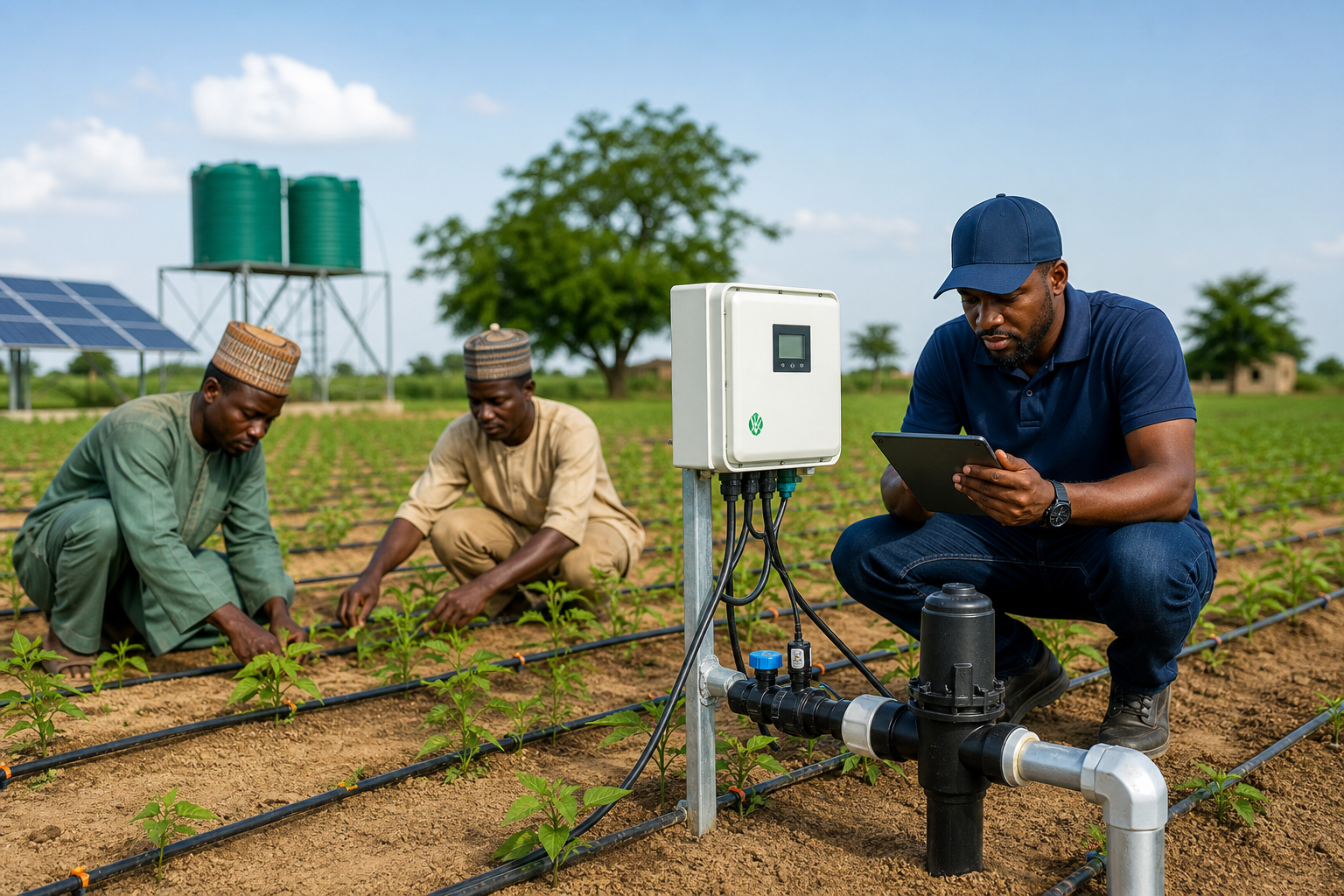Modern field implementation in Kura, Kano State with smart irrigation lines, agricultural equipment, and coordinated farmer engagement