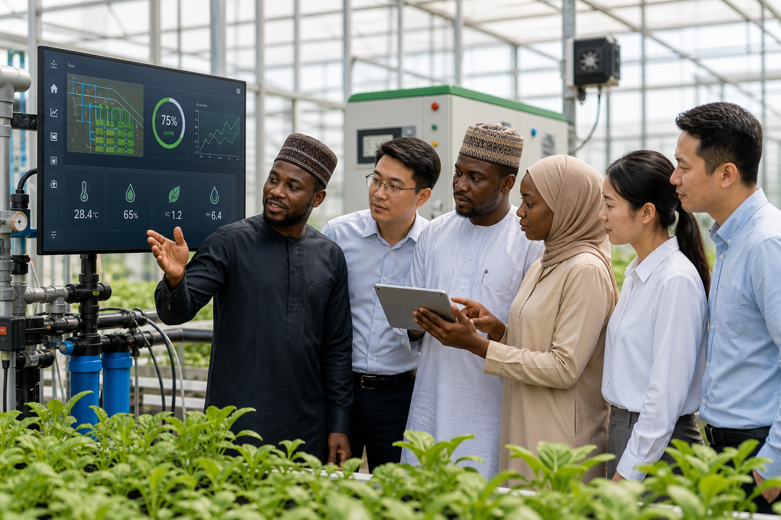 Chinese and Nigerian agricultural professionals reviewing smart irrigation controls and field performance data in a modern pilot operations setting