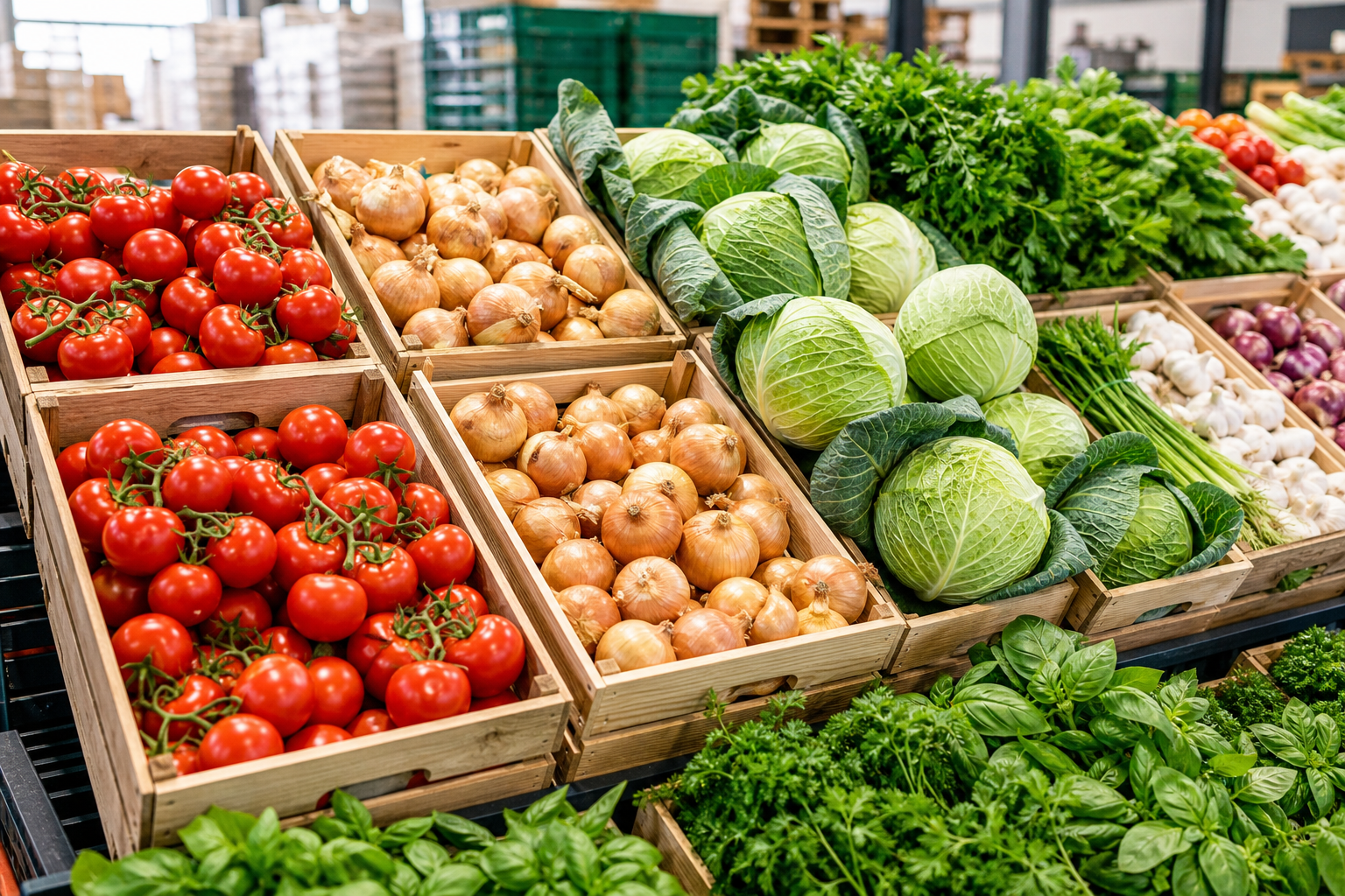 Étals professionnels de légumes frais avec tomates rouges, oignons dorés, choux verts et herbes