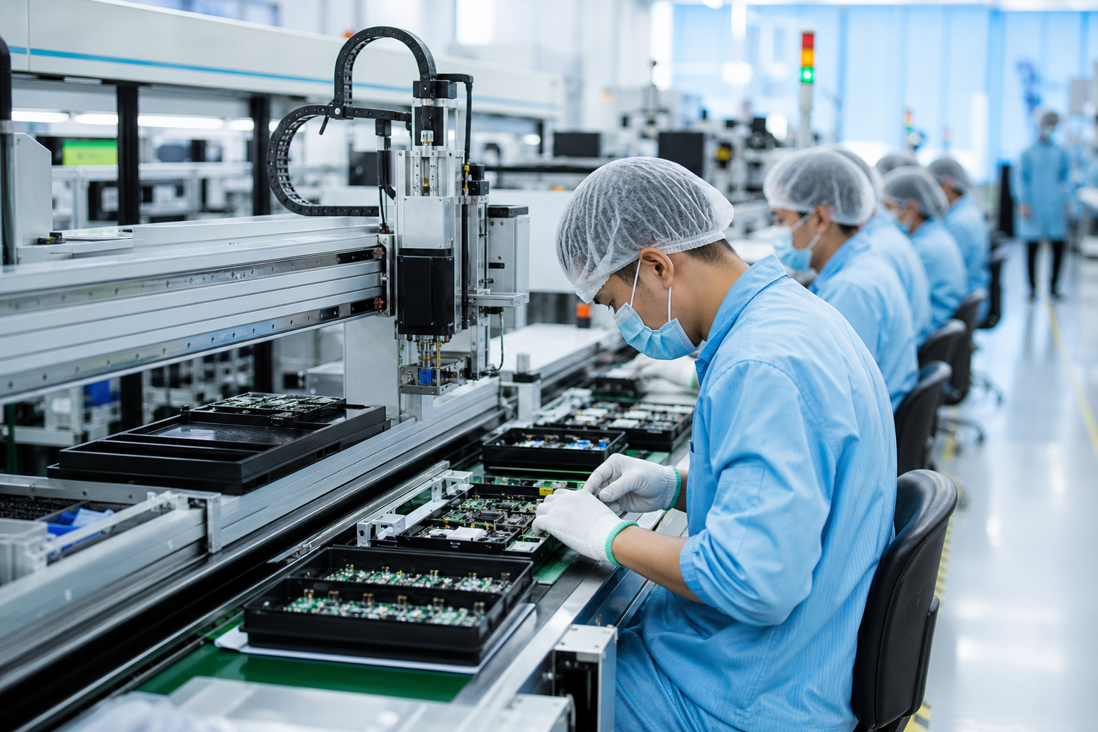 Professional electronic factory environment in Johor with clean production lines and workers in proper attire