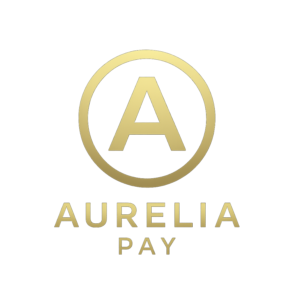 Logo Aurelia Pay với vòng tròn vàng kim và chữ A hiện đại trên nền đen