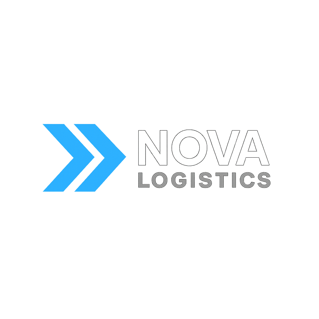 Logo Nova Logistics với biểu tượng mũi tên kép màu xanh lam và chữ Nova màu trắng