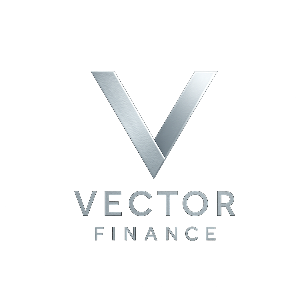 Logo Vector Finance với biểu tượng chữ V tối giản màu bạc trên nền xanh đậm