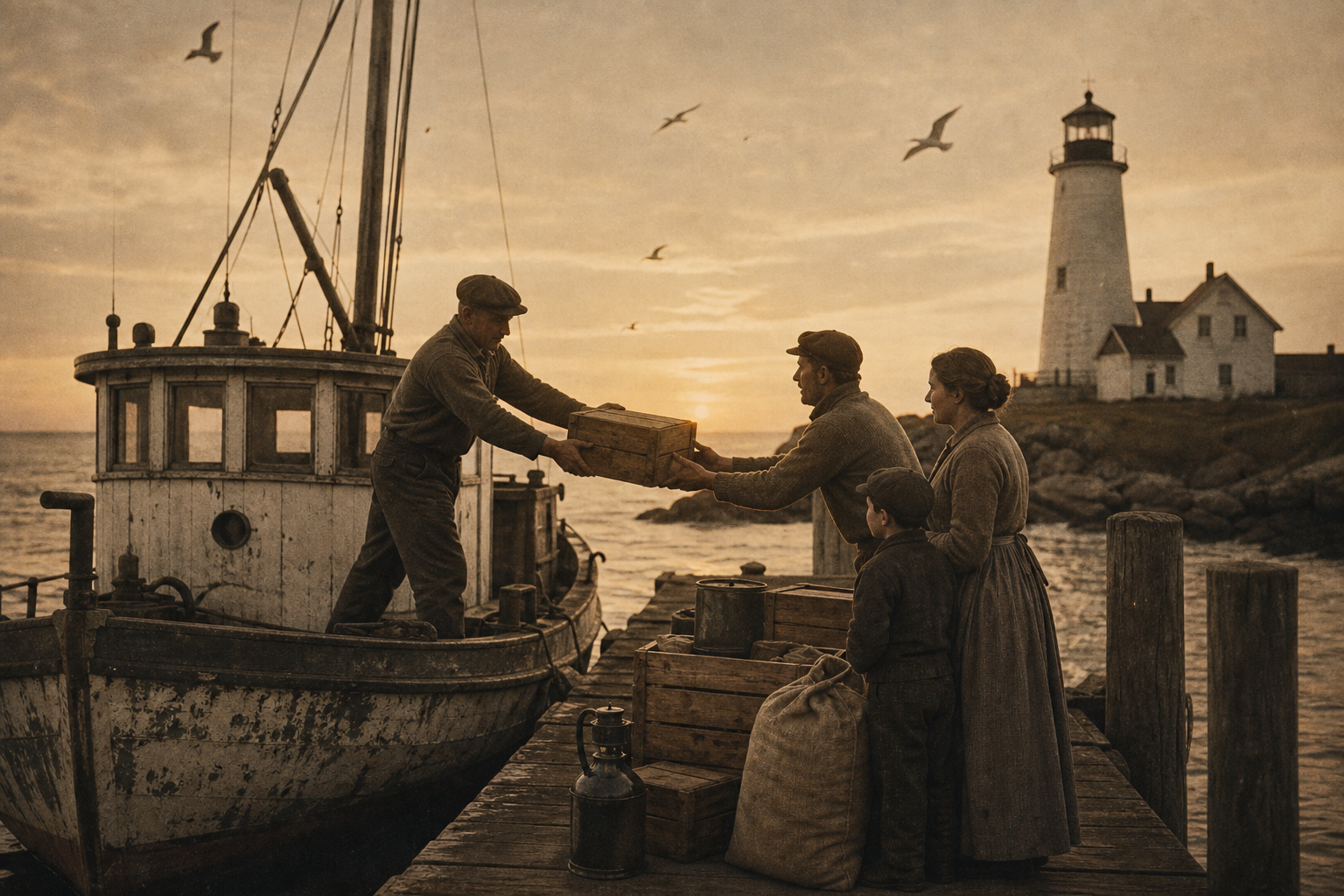 Keeper family on a small wooden dock receiving crates of flour and lamp oil from a weathered supply boat at golden dusk