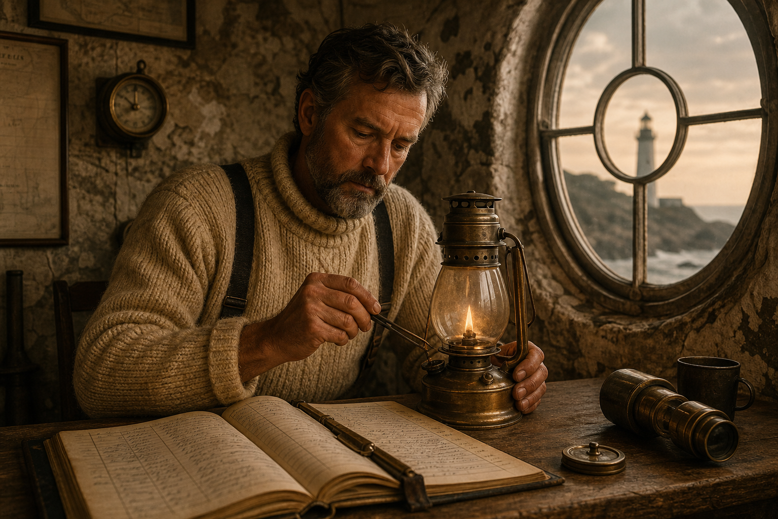 Middle-aged lighthouse keeper in a thick wool sweater trimming a kerosene lantern wick beside a brass logbook in a narrow stone watch room