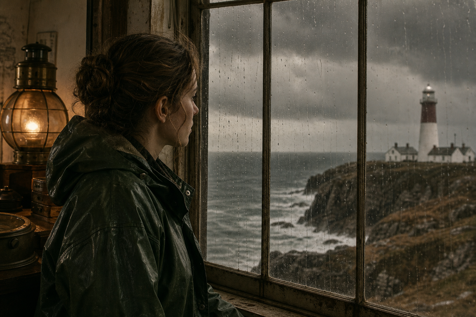 Young female assistant keeper in a dark oilskin coat looking through rain-streaked glass as storm clouds gather above a rocky northern shoreline