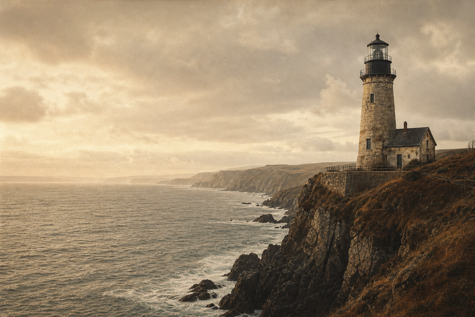 Wide archival-style panorama of a weathered lighthouse on a rugged northern coastline at dusk, with rolling surf, distant headlands, and warm film-like grain