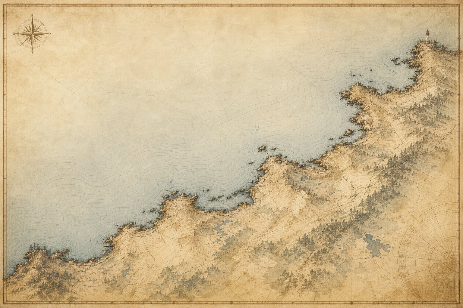 Illustrated northern coastline chart with preserved lighthouse sites, contour-like sea lines, and traced headlands