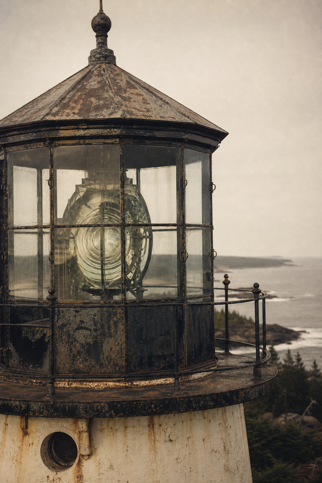Close archival view of weathered lighthouse lantern room glass and iron frame above a rough northern coast