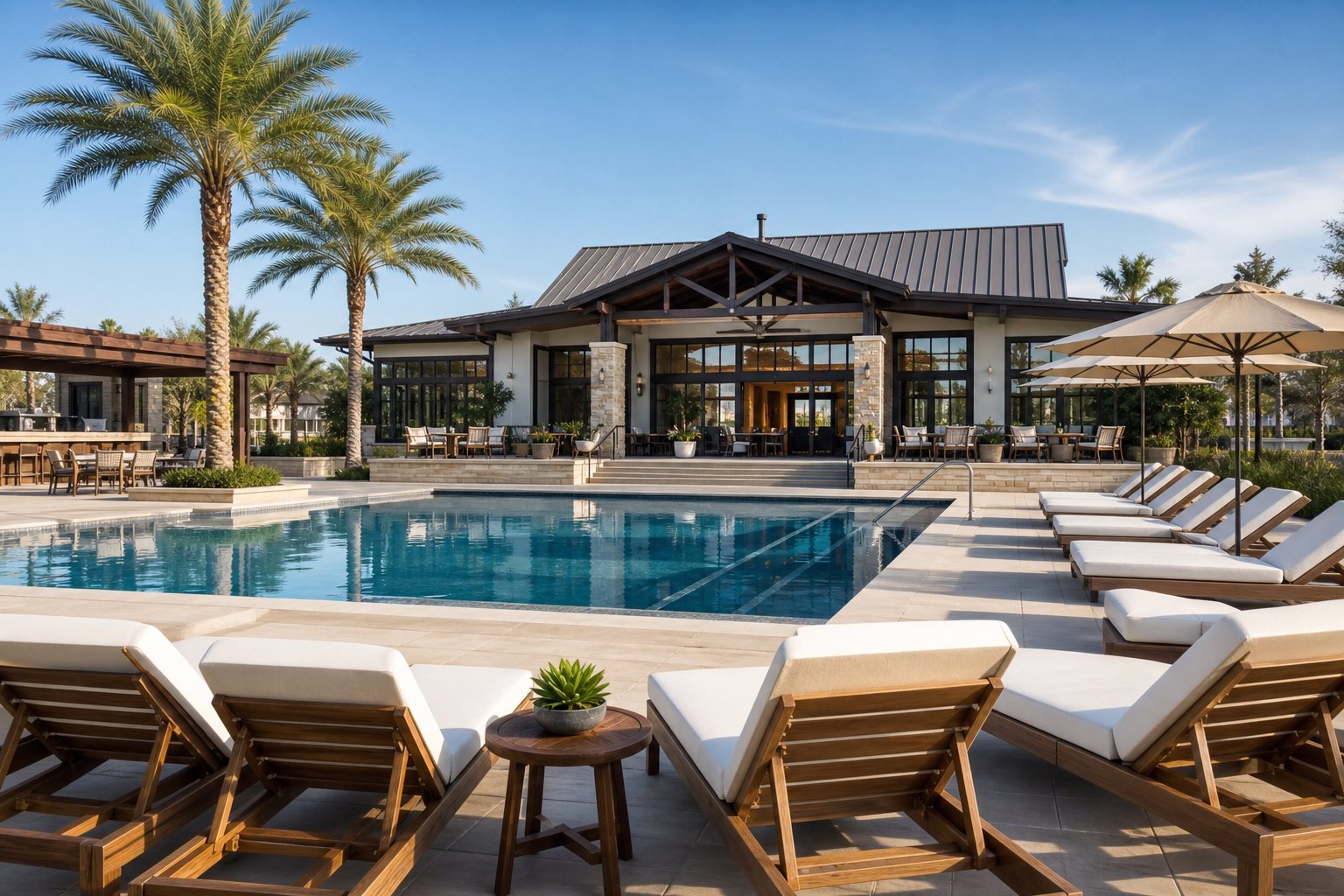 Resort amenity core featuring a structured pool deck, lounge terraces, and clubhouse frontage under clear daylight