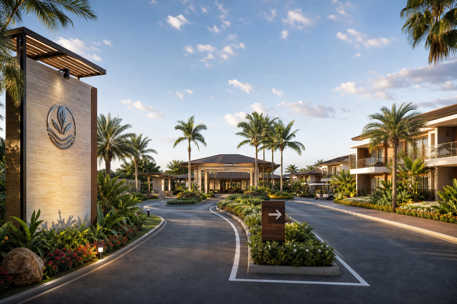 Wide-angle arrival boulevard into the resort with landscaped medians, wayfinding markers, and low-rise hospitality buildings