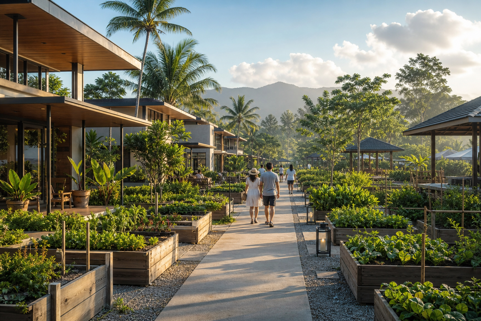 Pedestrian corridor between edible garden plots and low-rise resort villas with guests walking through a curated green axis