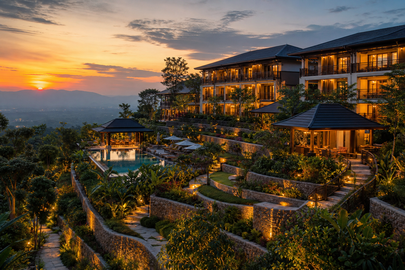 Elevated sunset overlook across terraced gardens and accommodation wings with warm ambient hospitality lighting