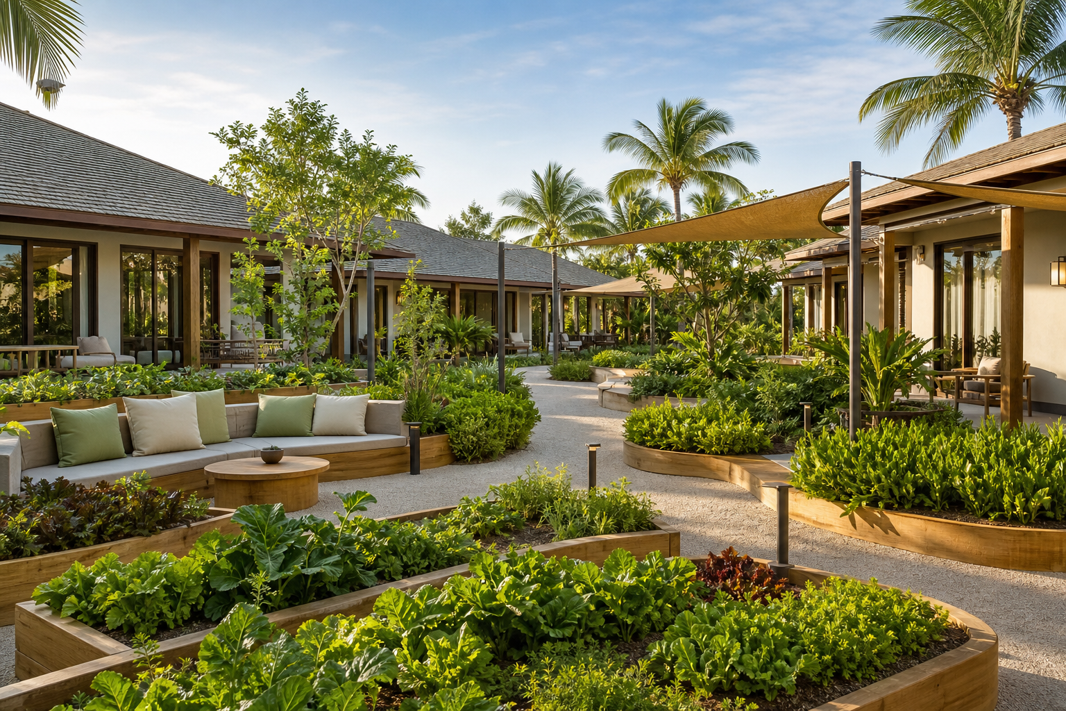 Contemporary villa cluster around a shared courtyard with edible planting beds, shaded walkways, and hospitality seating