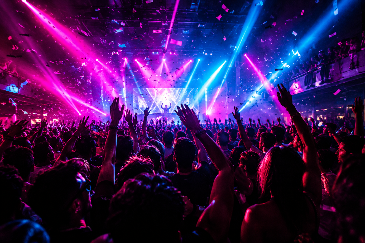 Wide crowd scene with hands in the air under magenta and blue stage lights at a sold-out nightlife event