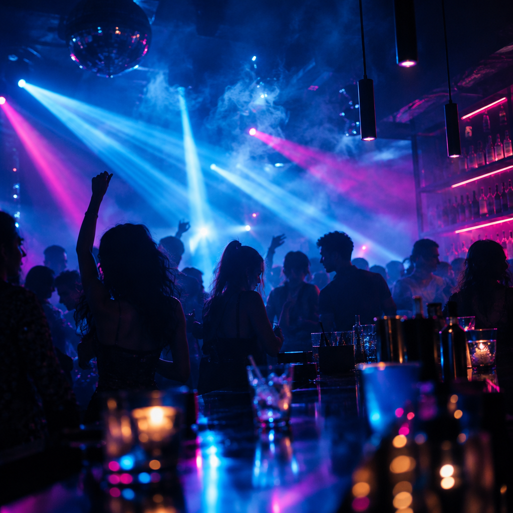 Nightlife atmosphere detail with haze, beams of colored light, and silhouettes moving through the venue