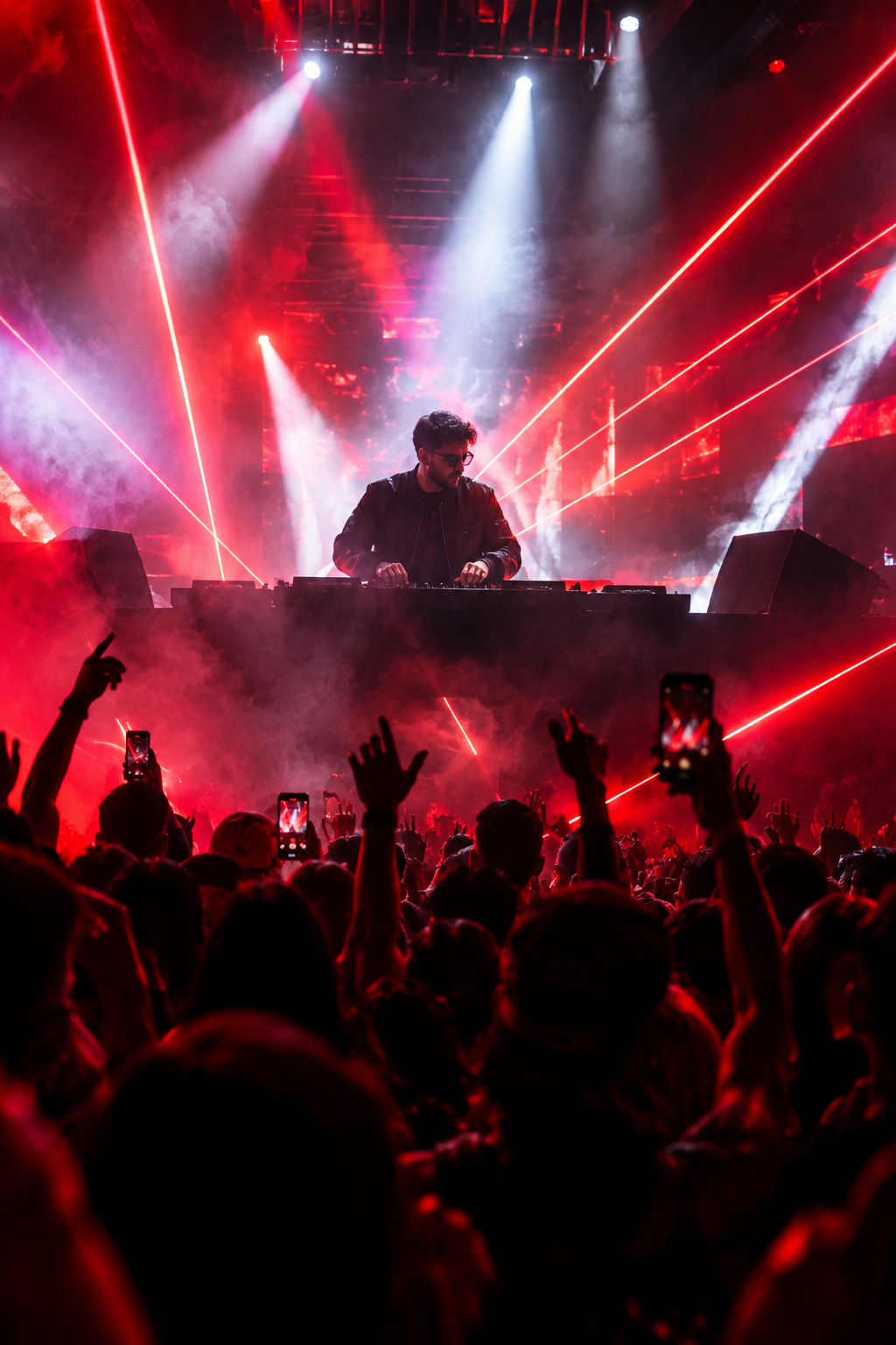 DJ on an elevated booth with red laser beams and smoke as the front-row crowd reacts