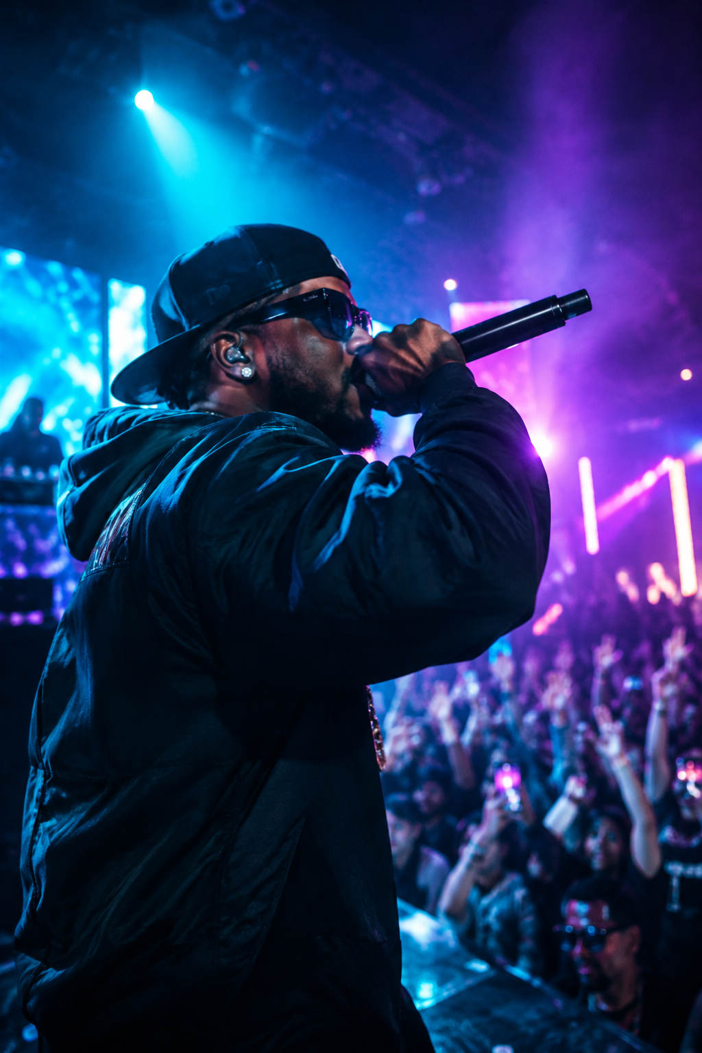 Close-up of a nightlife performer on stage with microphone, neon rim light, and cheering crowd behind