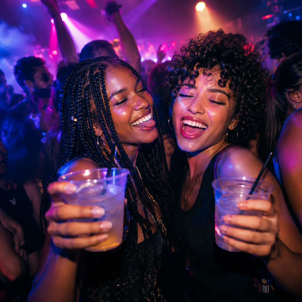 Two friends laughing with neon face glow and drinks raised in a crowded dance-floor corner