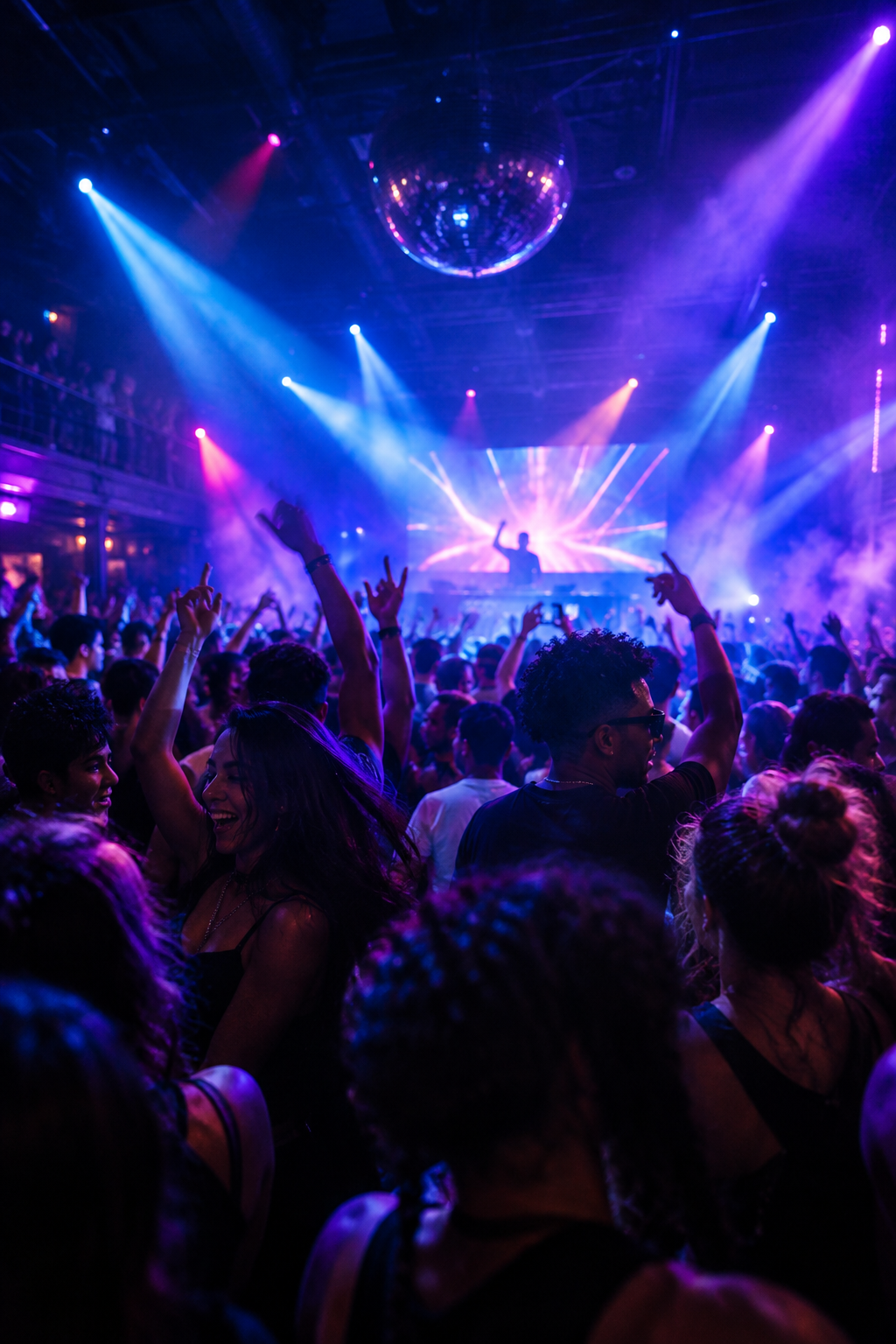 Editorial nightlife scene with a packed dance floor, raised hands, and vibrant club lighting