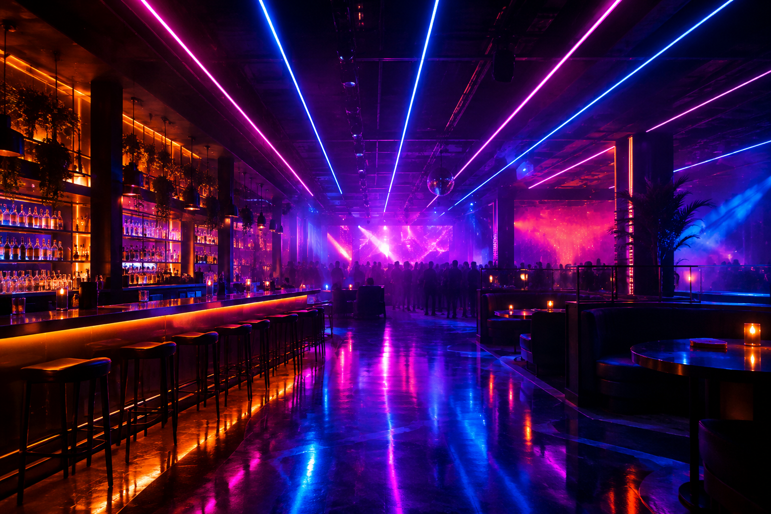 Panoramic view of a modern nightclub interior with LED ceiling strips, haze, and glowing bar lights