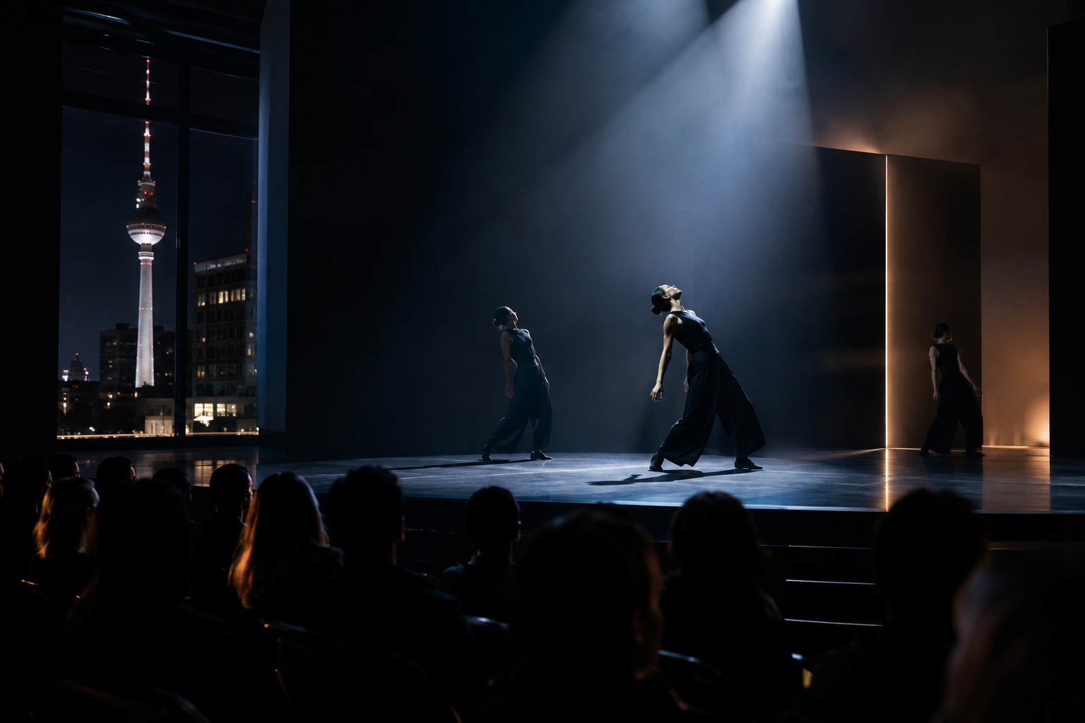 Contemporary immersive theatre performance in Berlin with dramatic stage lighting