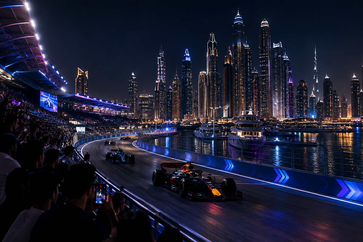 Night motorsport event near Dubai Marina with illuminated track and grandstand crowd