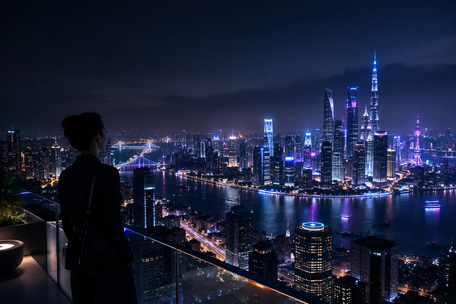 Cinematic night view of a modern global city with glowing skyline and premium urban atmosphere