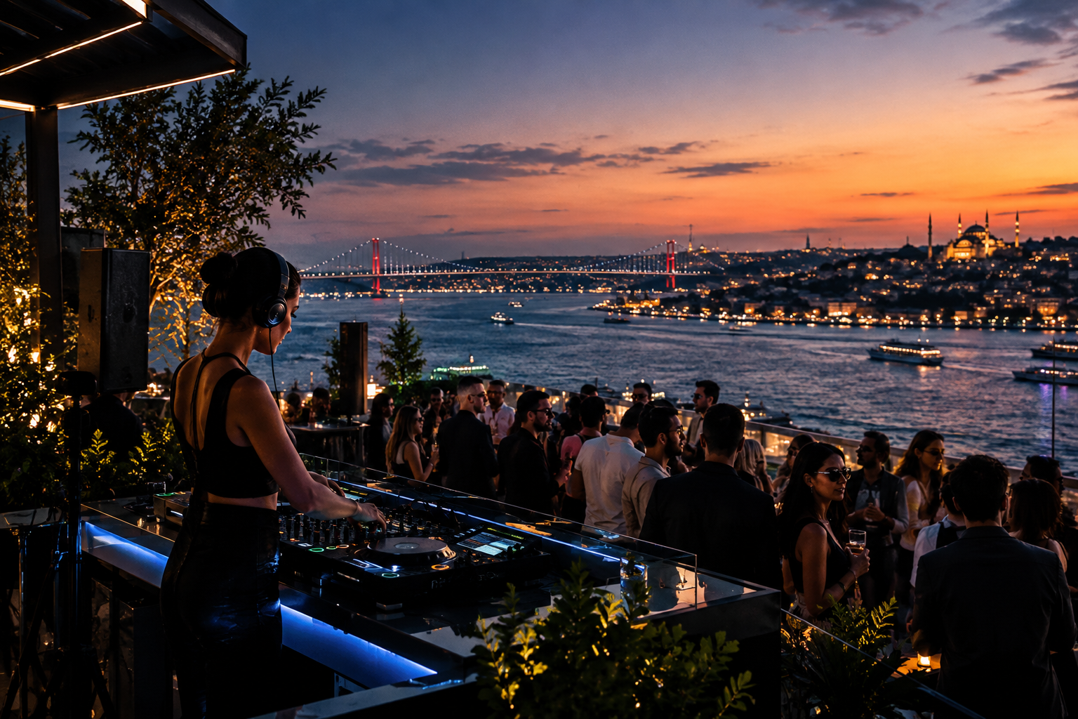 Live electronic concert on a Bosphorus rooftop terrace at sunset with city skyline lights