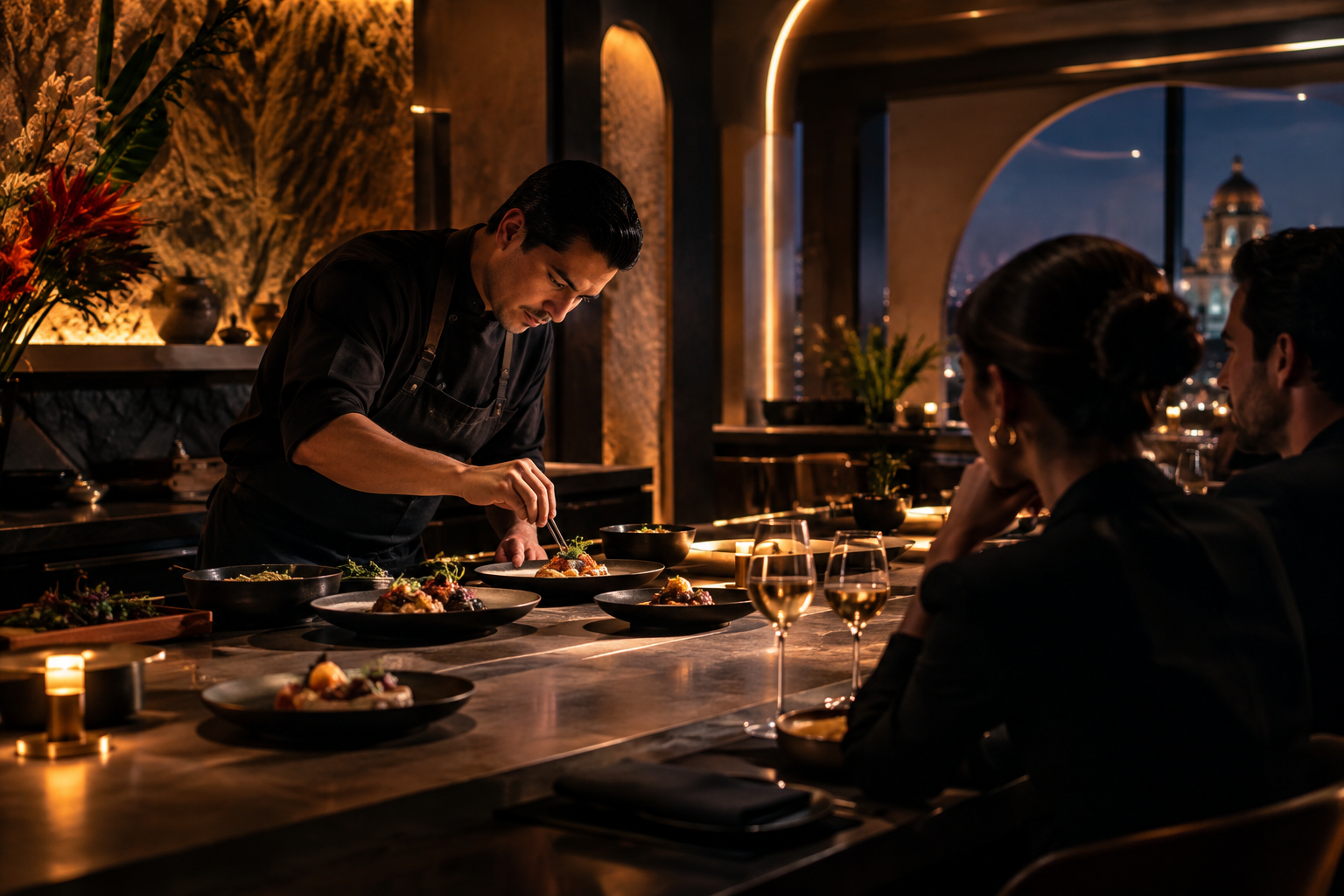 Chef tasting table in Mexico City with plated dishes and warm contemporary interior