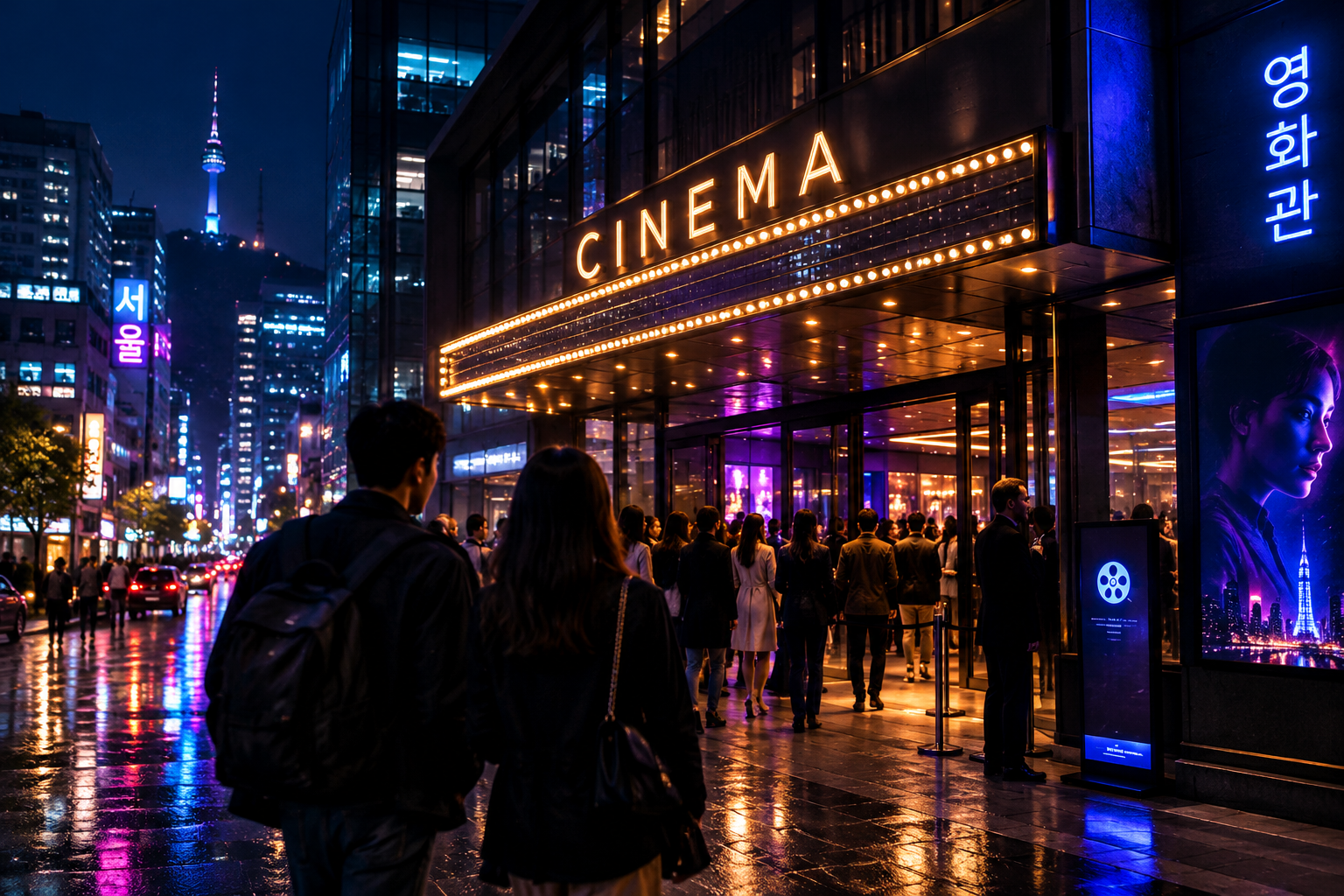 Independent cinema hall in Seoul with neon marquee and audience entering at night