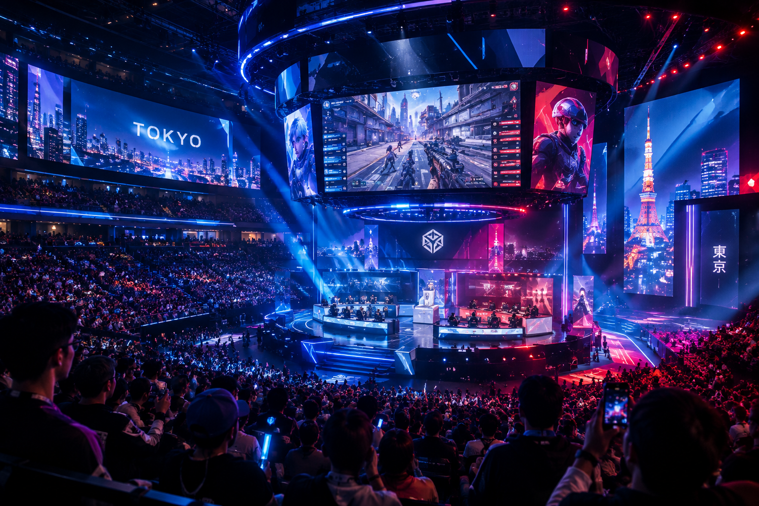 Esports finals stage in Tokyo with giant LED screens and diverse live audience