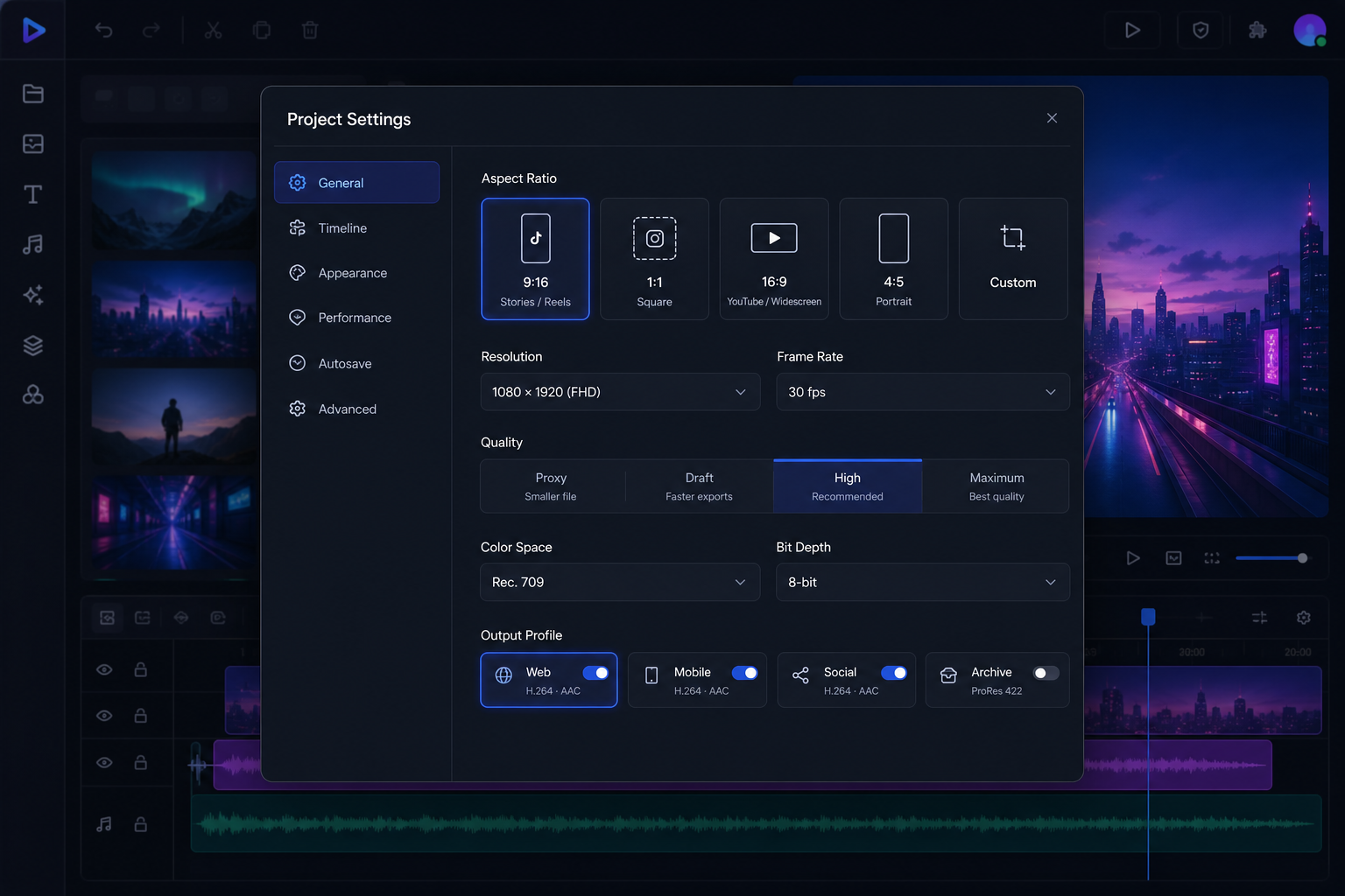 ReVideeo project settings screenshot showing aspect ratio presets and quality controls for social formats