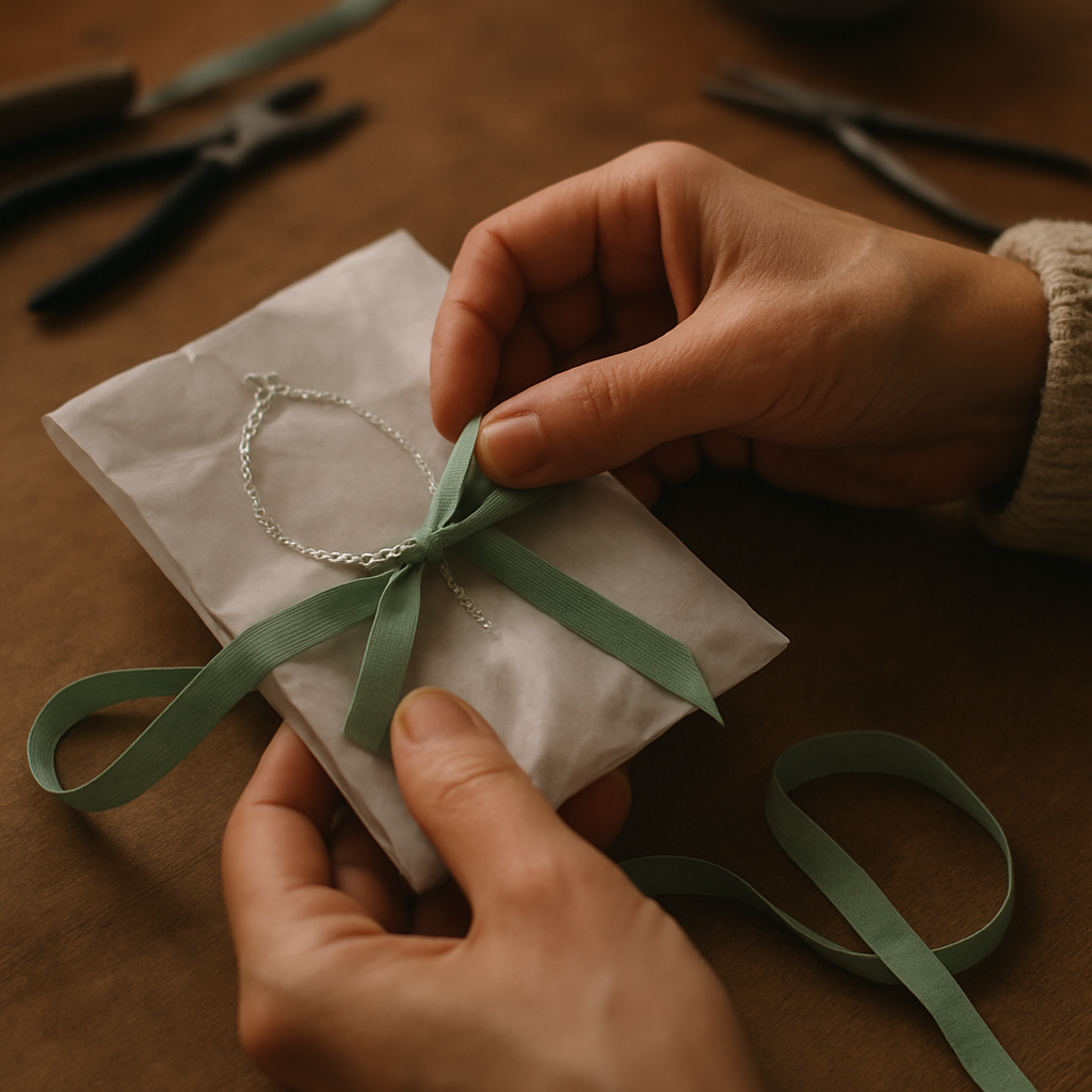Artisan hands wrapping a delicate necklace in tissue paper with sage ribbon